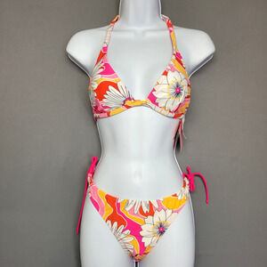 Cia Maritima Beachwear Bikini Set Womens L Pink Orange Daisy Floral Lined New